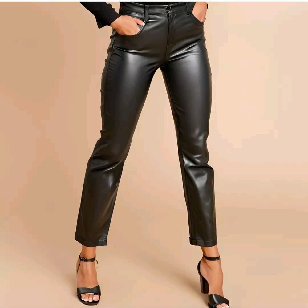 Vegan Leather Straight High Rise Pants Size 27/4 Lined 27 / 4 Black Ankle Crop